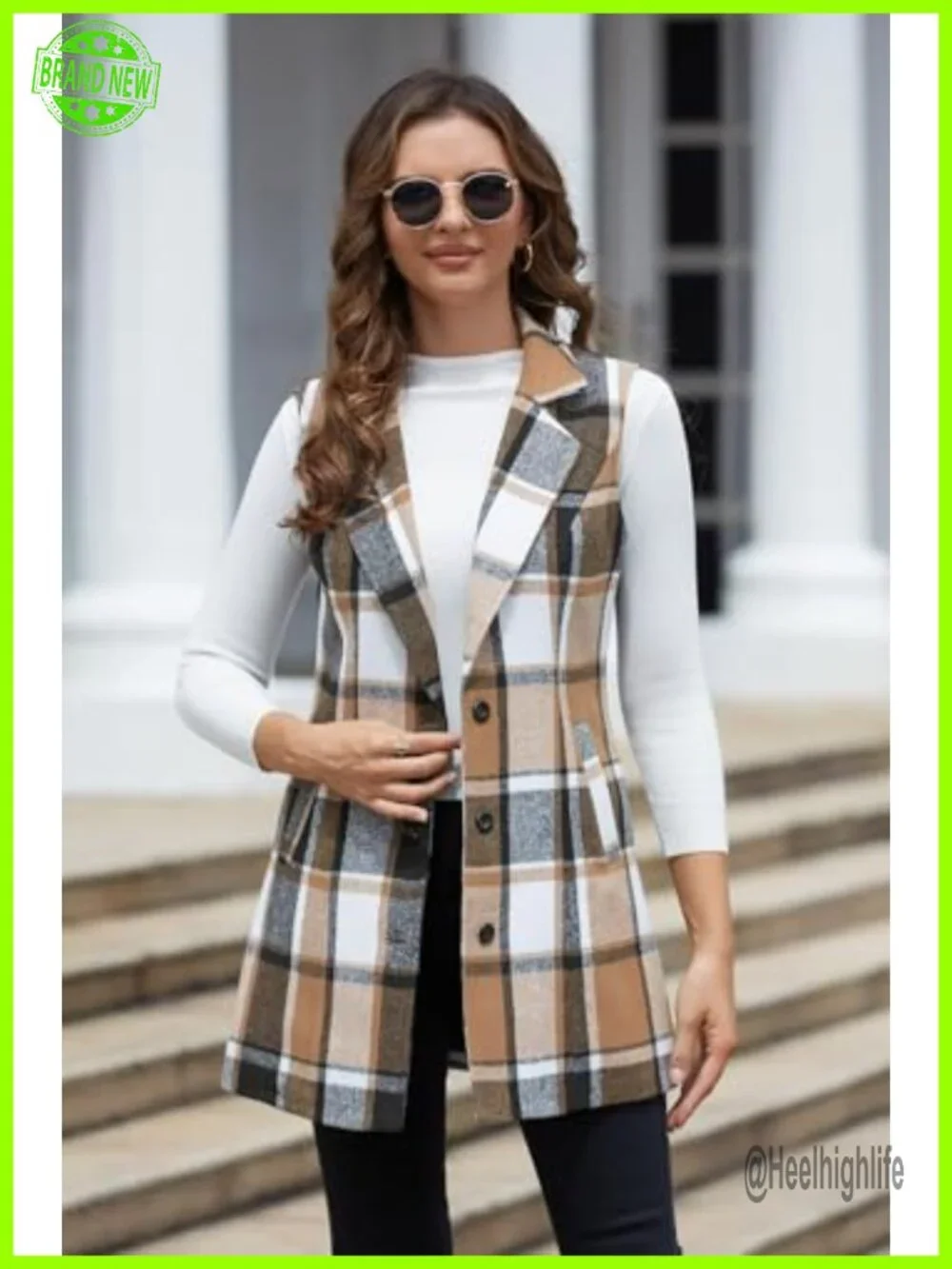 Women's Wool Plaid Notch Lapel Vest Slim Fit Sleeveless Fall Winter